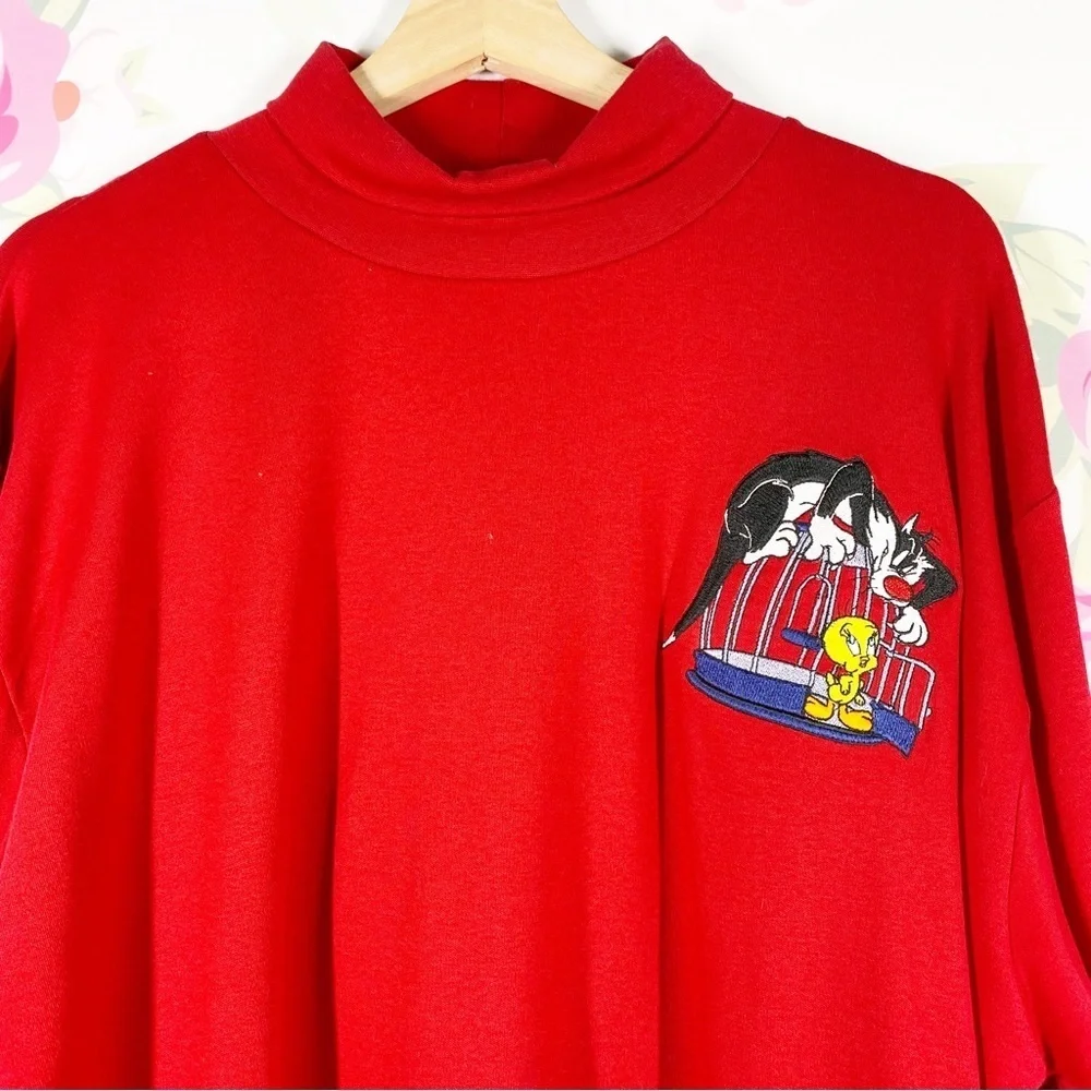 ACME Clothing Looney Tunes Embroidered Red Turtleneck Oversized Shirt XL - Picture 2 of 8